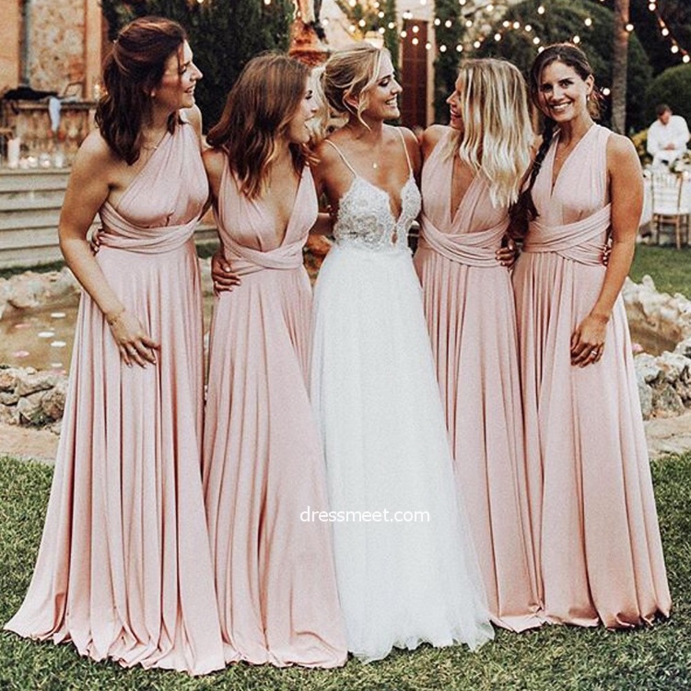 Elegant A Line V Neck Elastic Satin Pink Pleats Long Bridesmaid Dresses